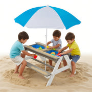 Kids Picnic Table with Umbrella, 3 in 1 Convertitable Sand and Water Table, 2 Play Boxes and Removable Lid, Picnic Tables for Outdoor Backyard Patio Play
