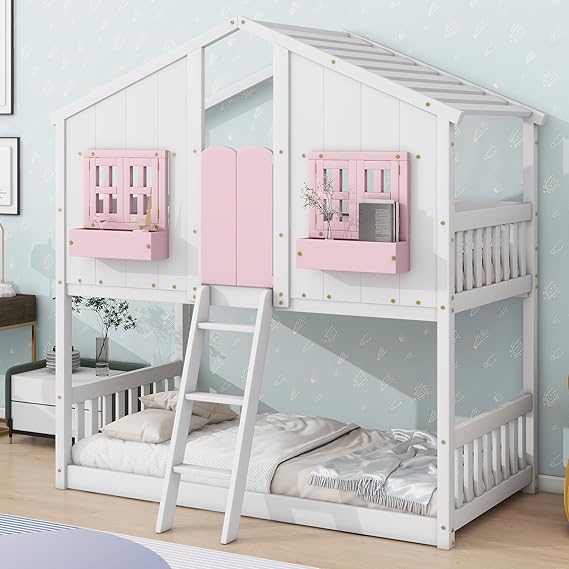 Twin Over Twin House Bunk Bed with Window Door and Roof