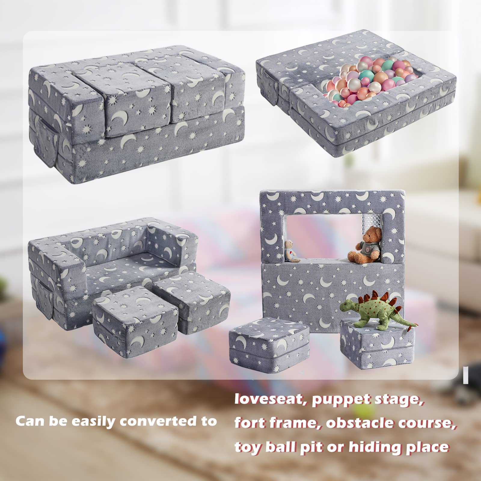 Glow in the Dark Modular Kids Sofa - 3-in-1 Convertible Toddler Couch