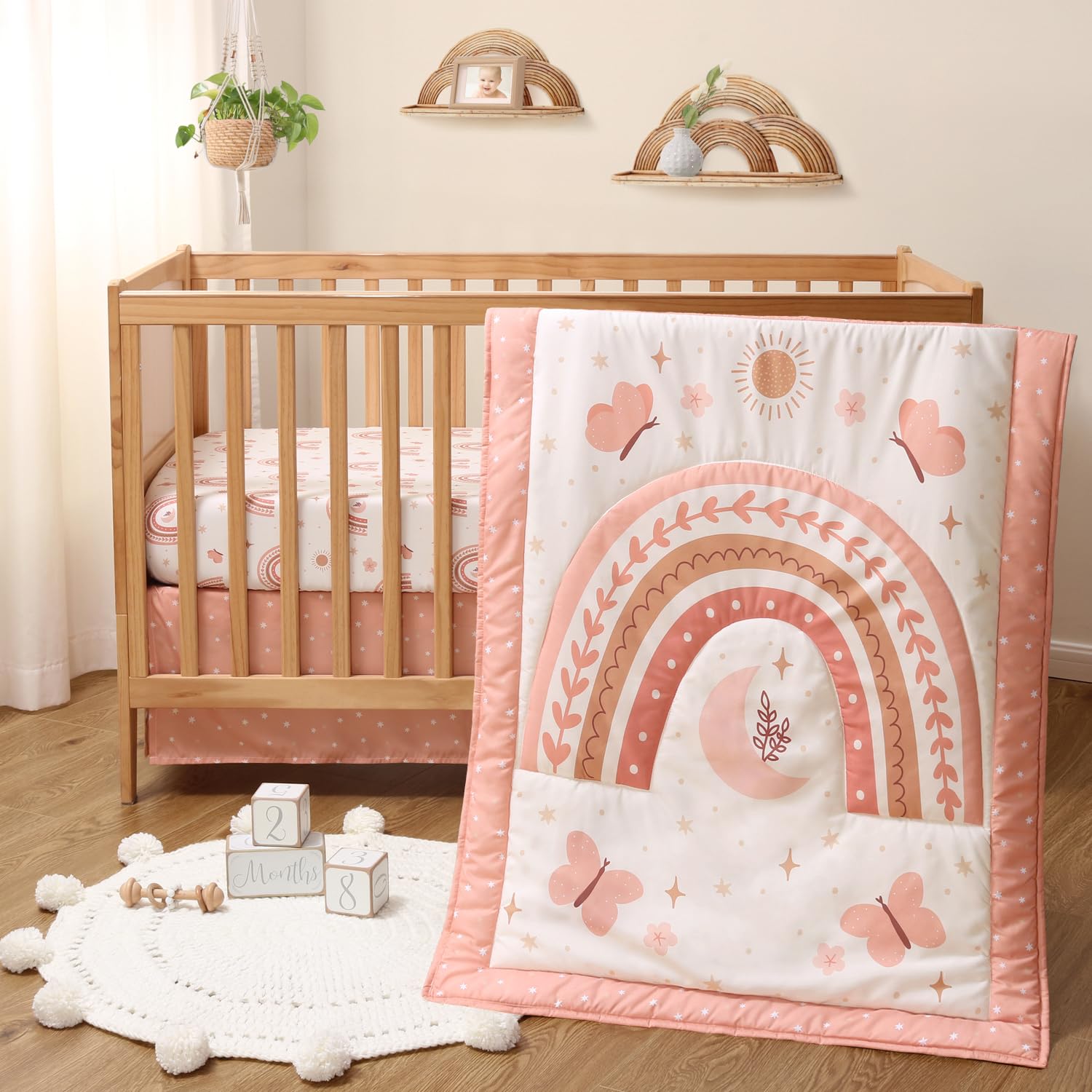 3-Piece Crib Bedding Set - Boho Rainbow Butterfly