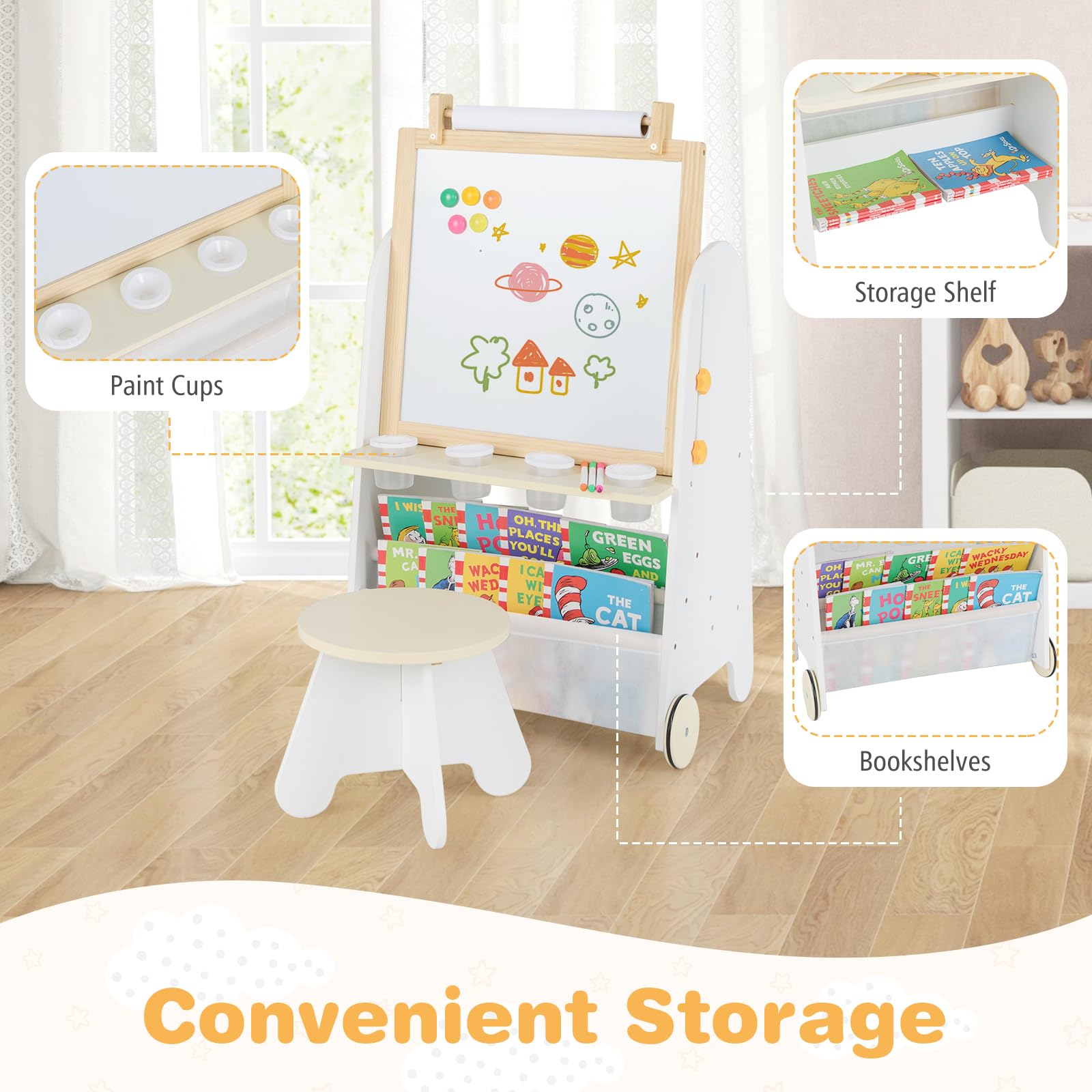 Costzon Easel for Kids, 4 in 1 Toddler Activity Table & Stool Set with Magnetic Whiteboard, Chalk Board, Paper Roll, Art Supplies, Large Desktop and Bookshelves, Kids Art Easel for Boys Girls (Beige)