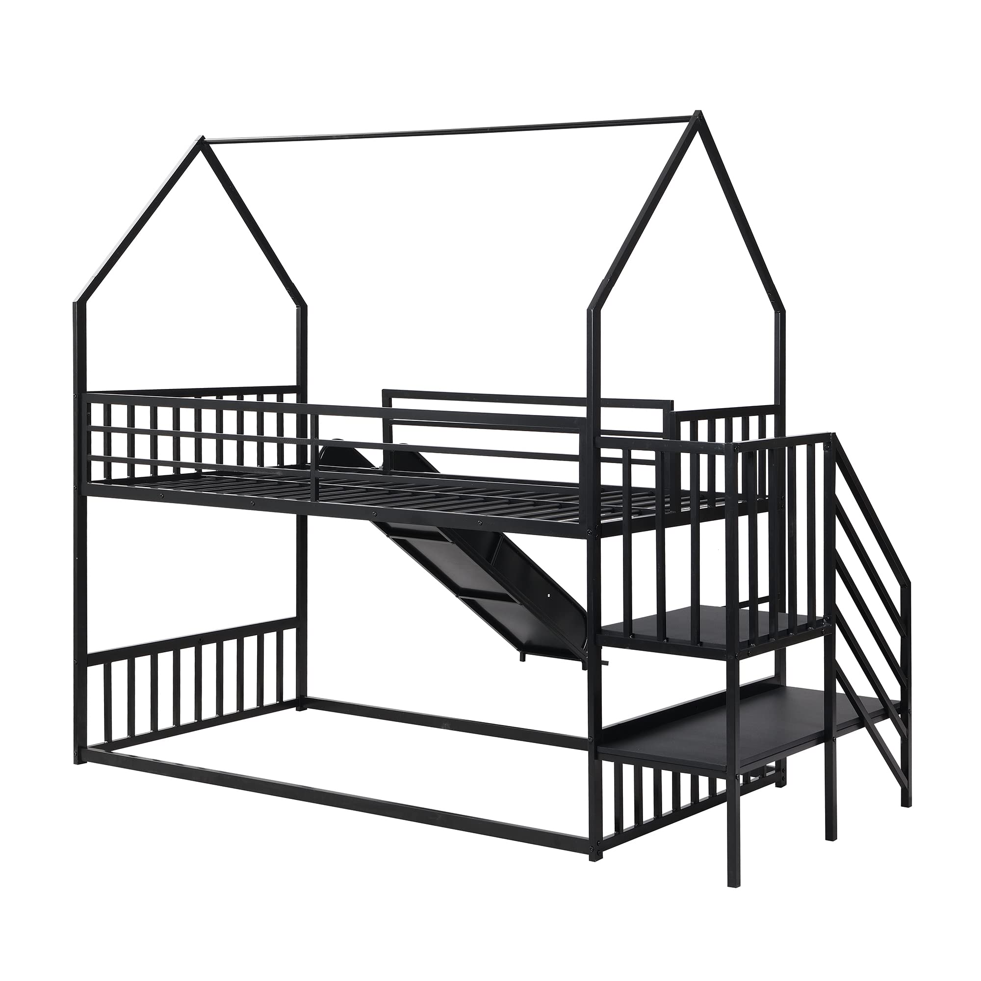 Metal Bunk Bed with Slide and Storage Stairs