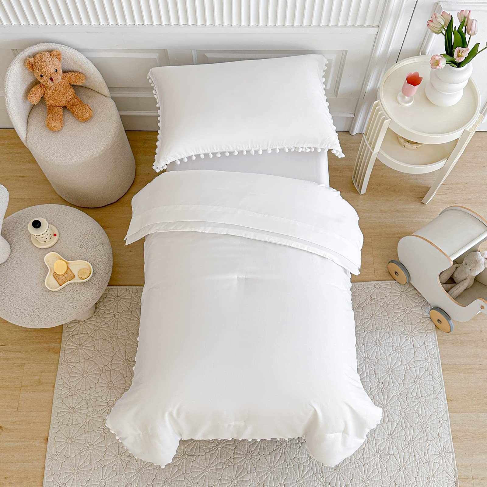 Toddler Bedding Set 4 Piece Boho Pom Pom Fringe White