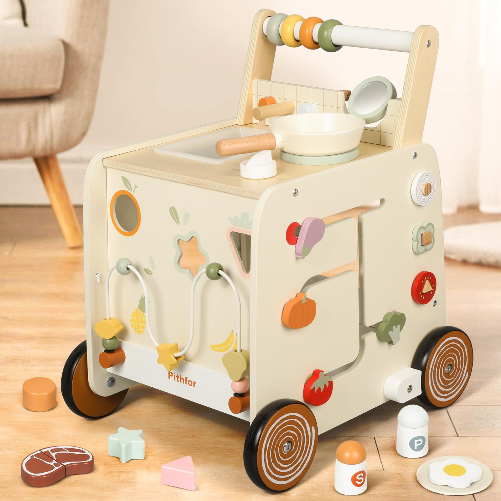 Wooden Baby Walker, 3-in-1 Baby Push Walker, with Pretend Kitchen