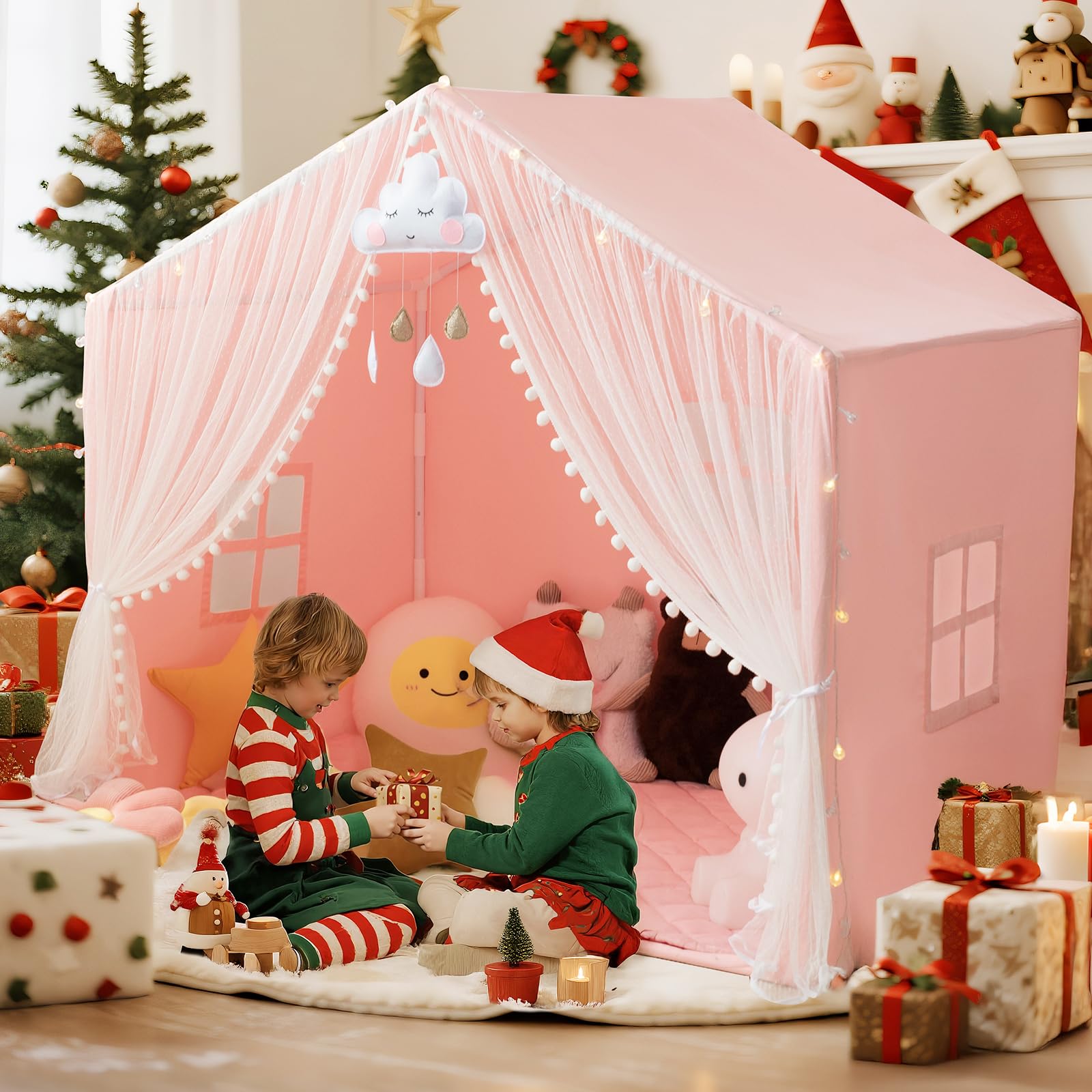 Large Kids Play Tent with Padded Mat and Star Lights