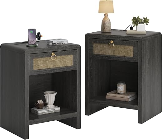 Rattan Nightstand Set of 2, Boho Bedside Table End Table