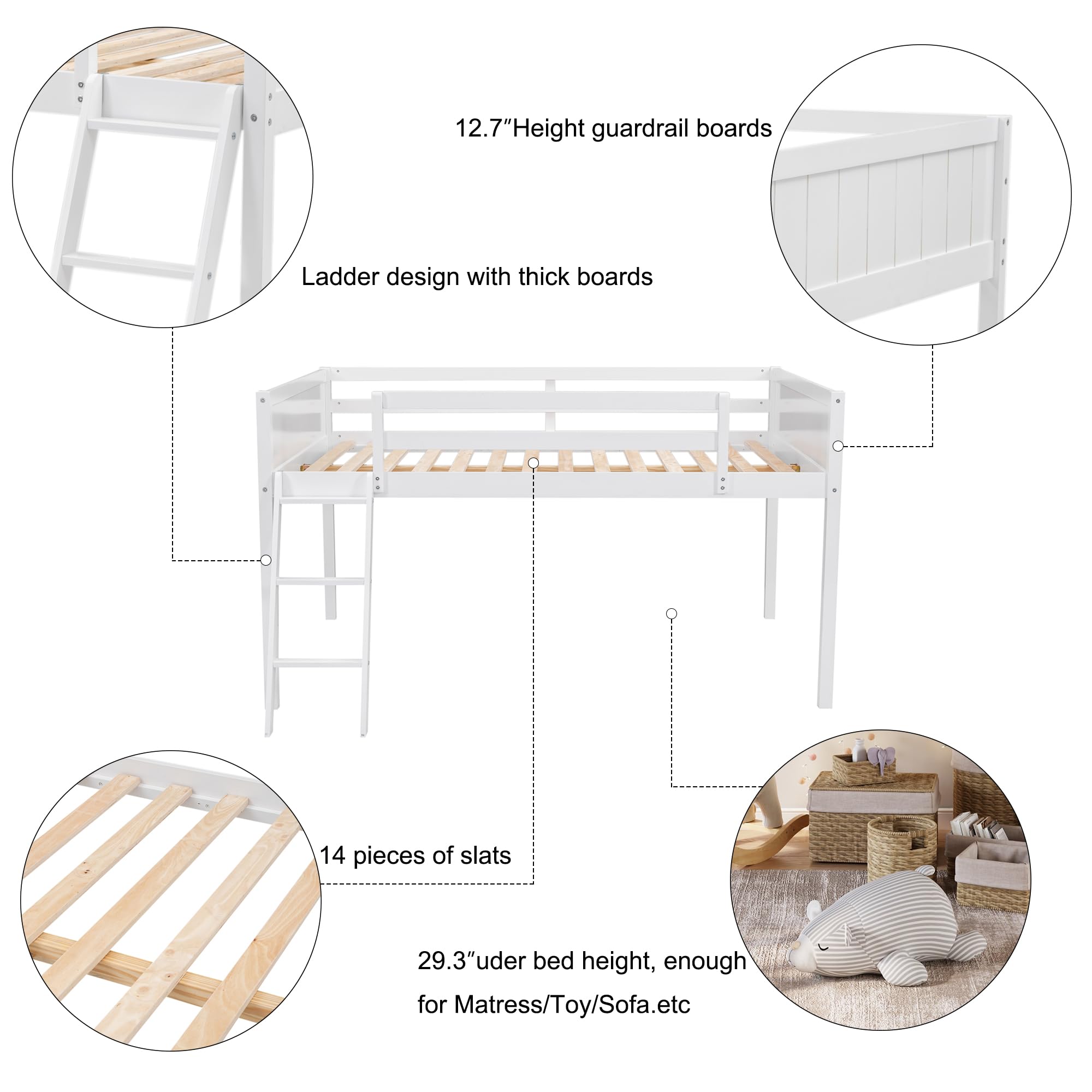 Full Size Low Loft Bed with Ladder and Guardrails
