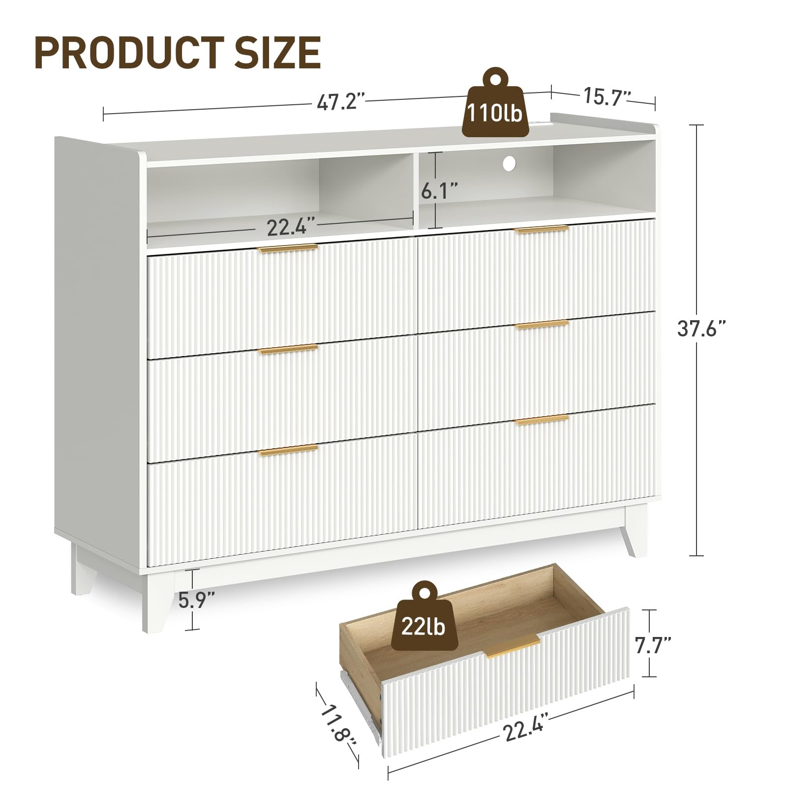 Fluted 6-Drawer Dresser with Charging Station