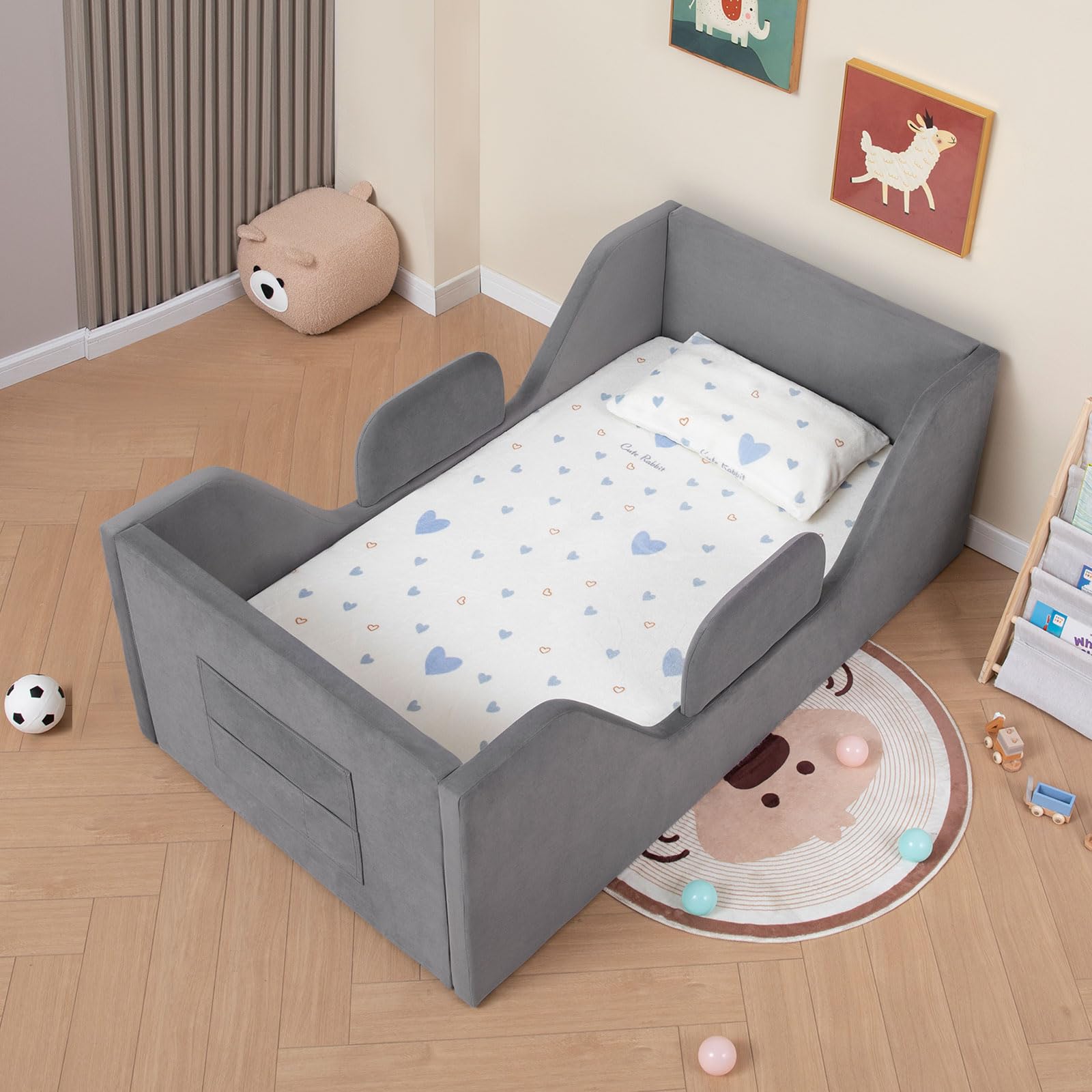 Toddler Floor Bed with Safety Rails and Storage