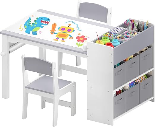 Kids Art Table and Chair Set, Craft and Play Wood Activity Table with Storage Bins