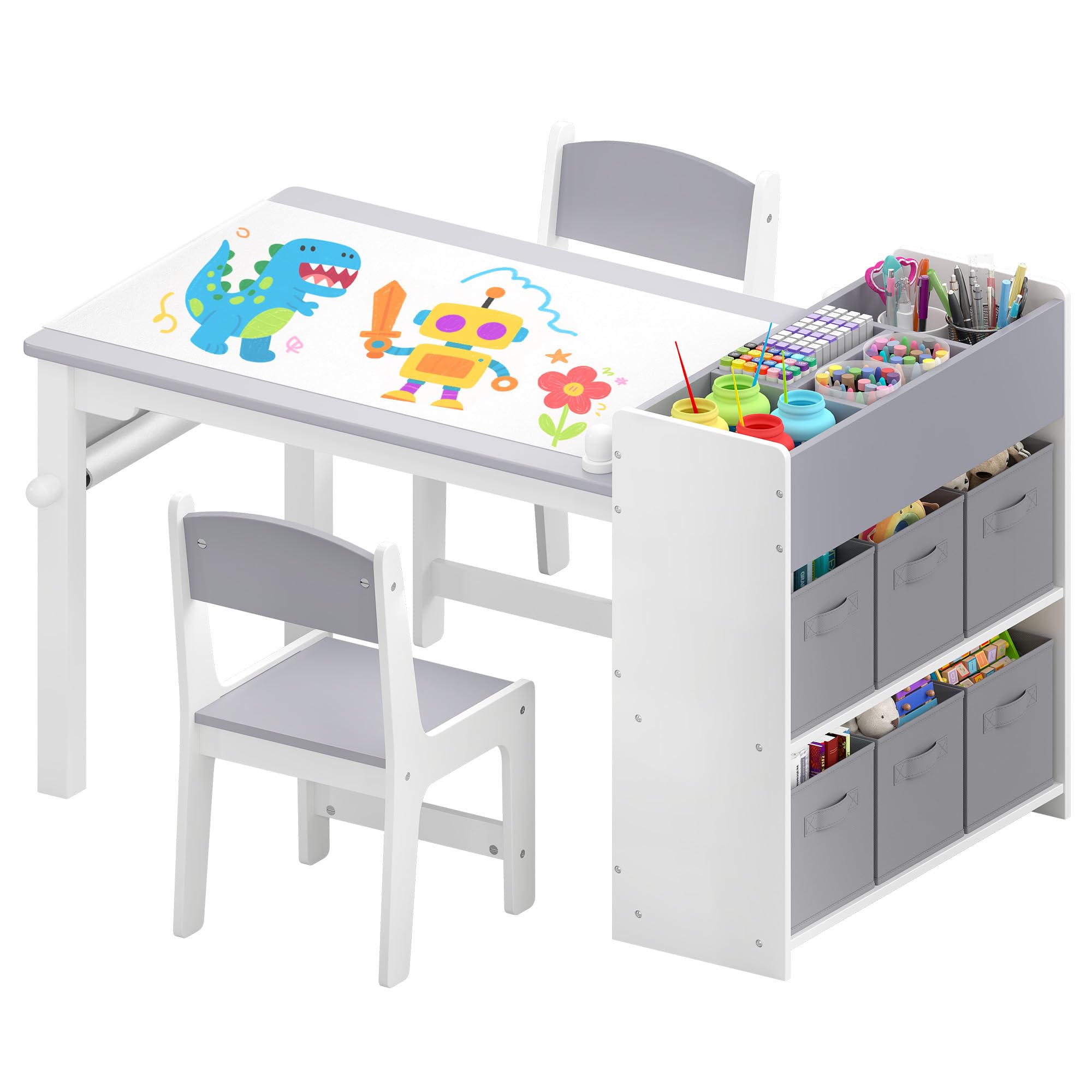 Kids Art Table and Chairs Set with Storage and Paper Roll