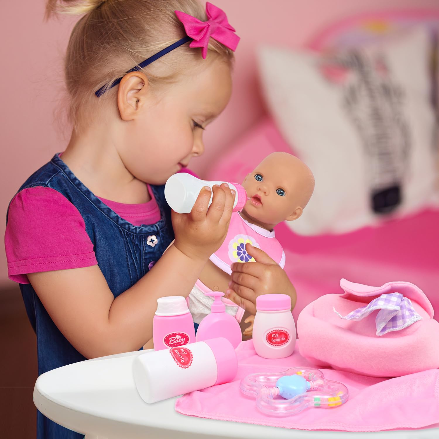 Baby Doll Feeding Set with Portable Bag - 15pcs 12-18 Inch Dolls Accessories Kit