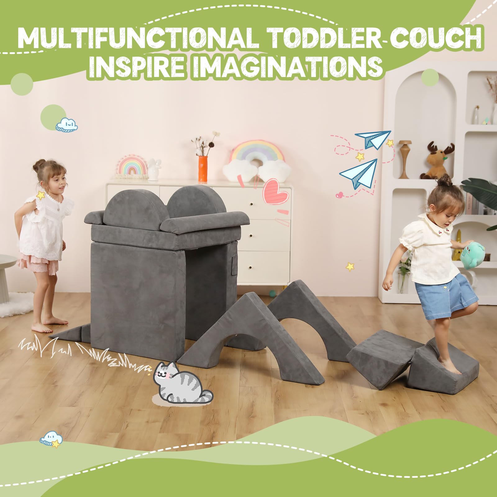 12-Piece Modular Kids Play Couch - Convertible Foam Climbing Sofa