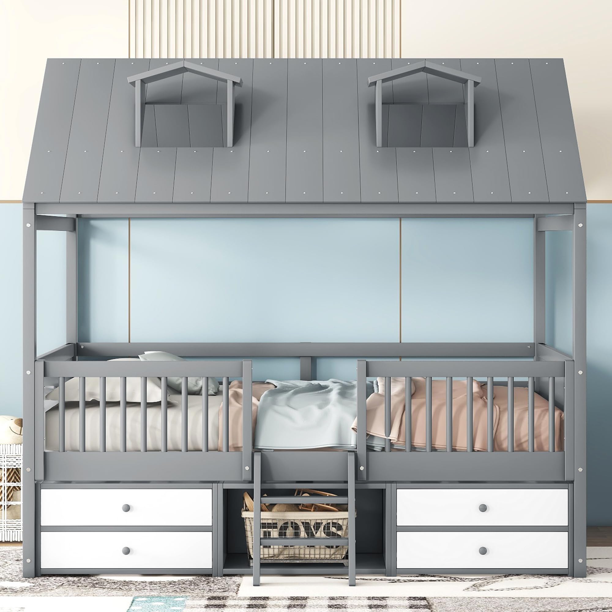 Full Size Wood House Bed Frame with Full-Length Fence and 4 Storage Drawers
