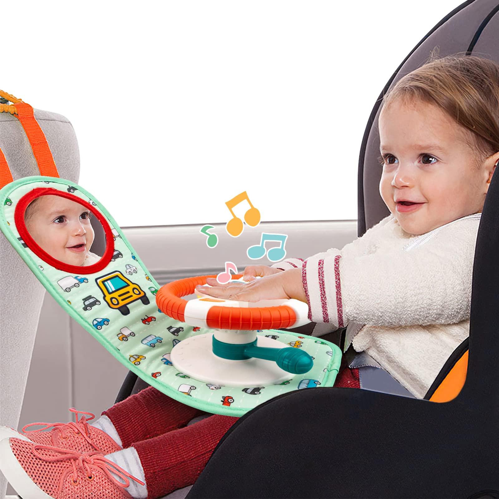 Baby Car Seat Toys for Infants with Mirror, Steering Wheel, Music Lights