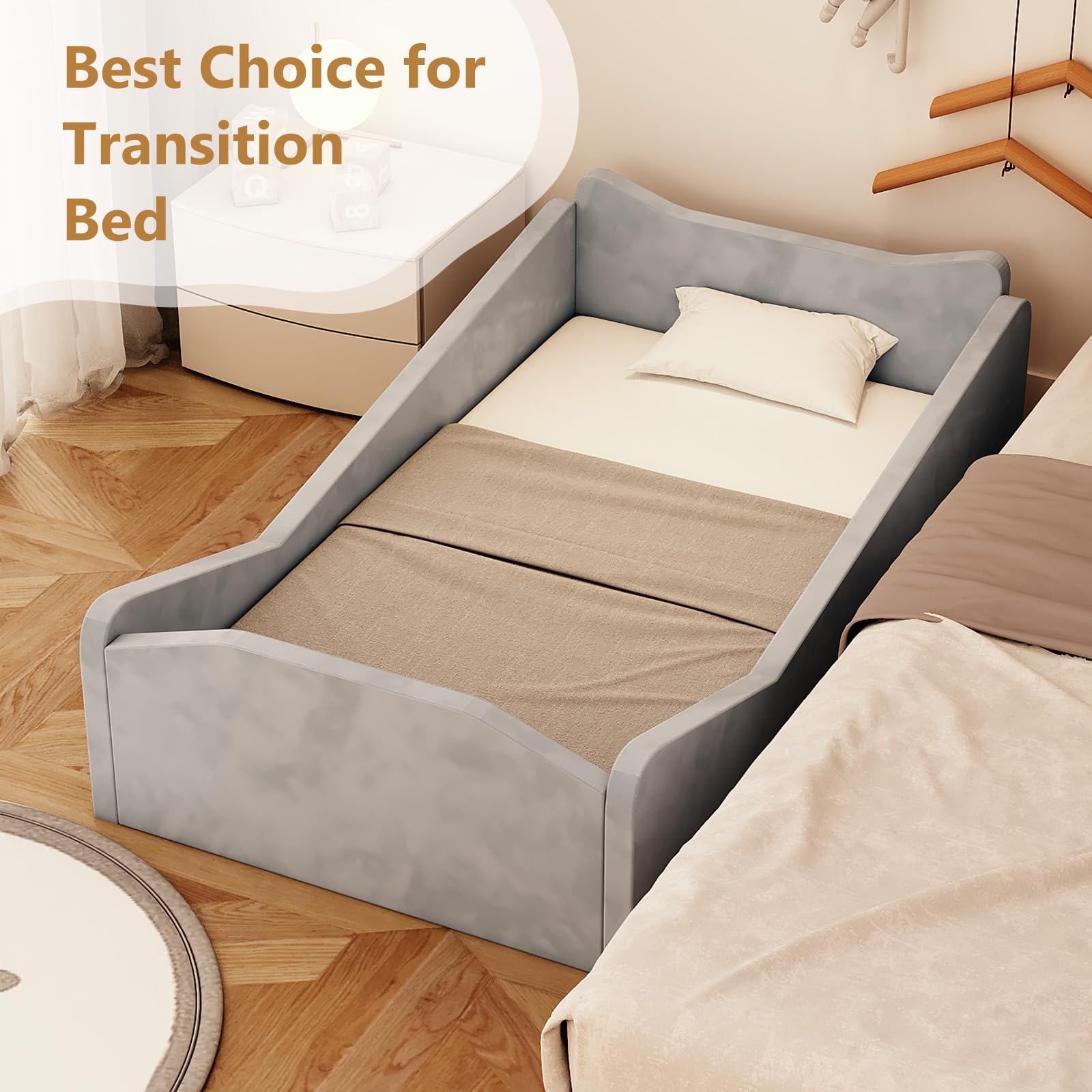 Toddler Floor Bed with Safety Guardrails and Animal Ear Design