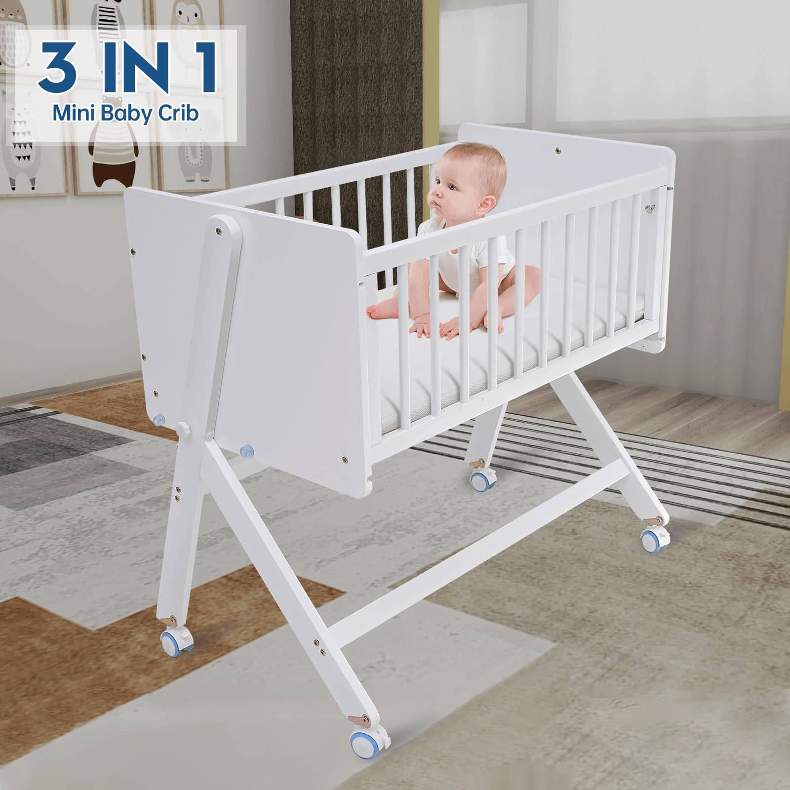 Wood Bedside Bassinet with Rocking Function