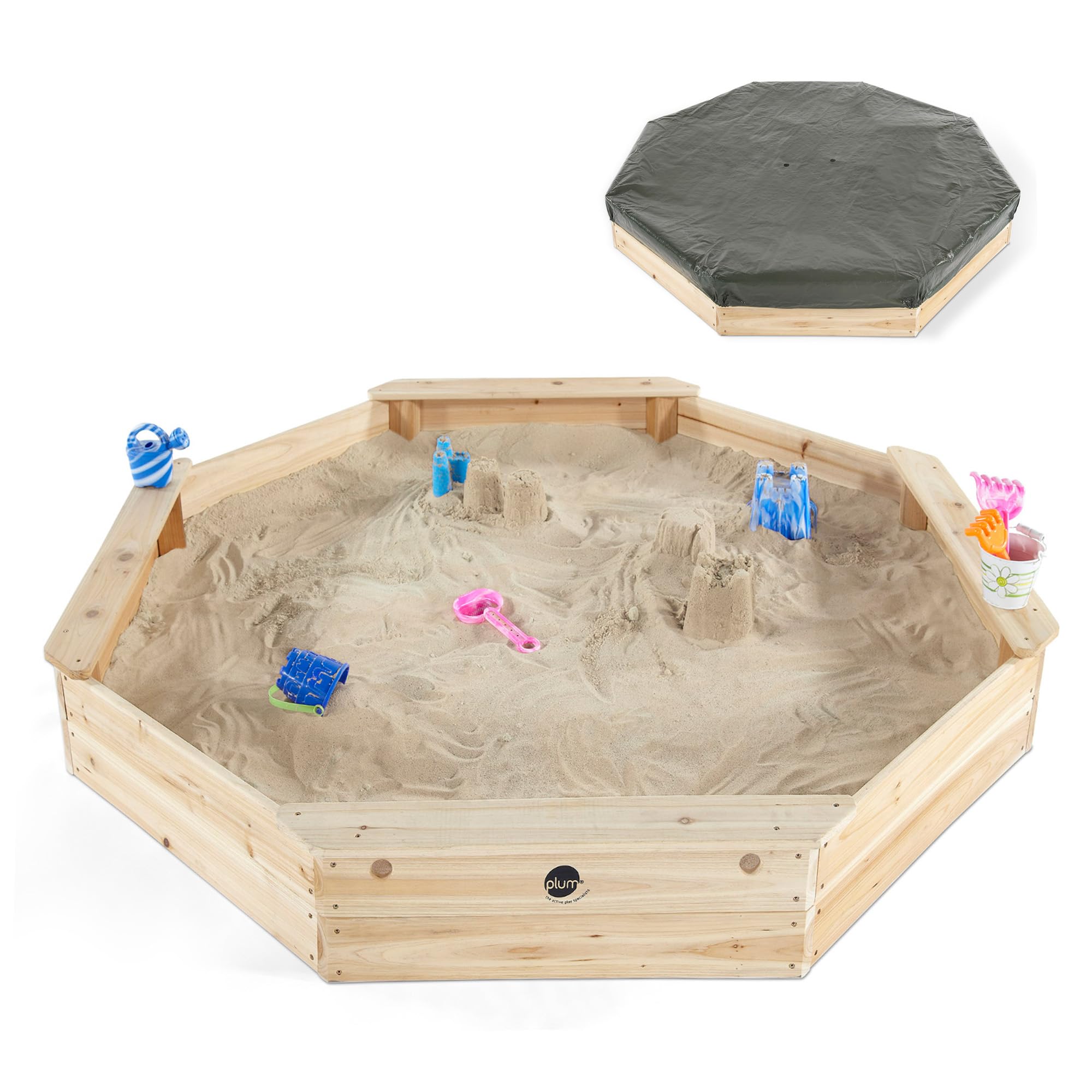 Wooden Large Sandbox with Cover - Outdoor Octagon Sand Box for Kids