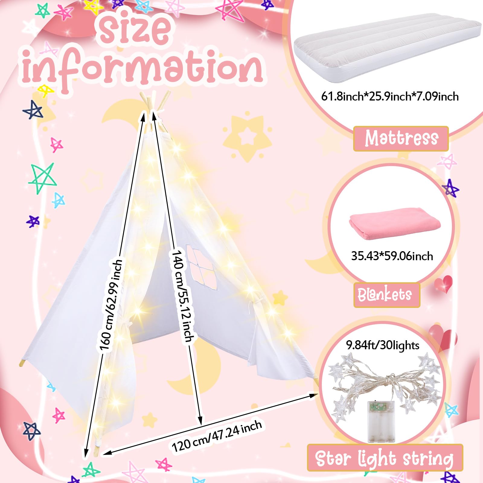 8 Pack Kids Teepee Tent Slumber Party Set with Mattress and Lights