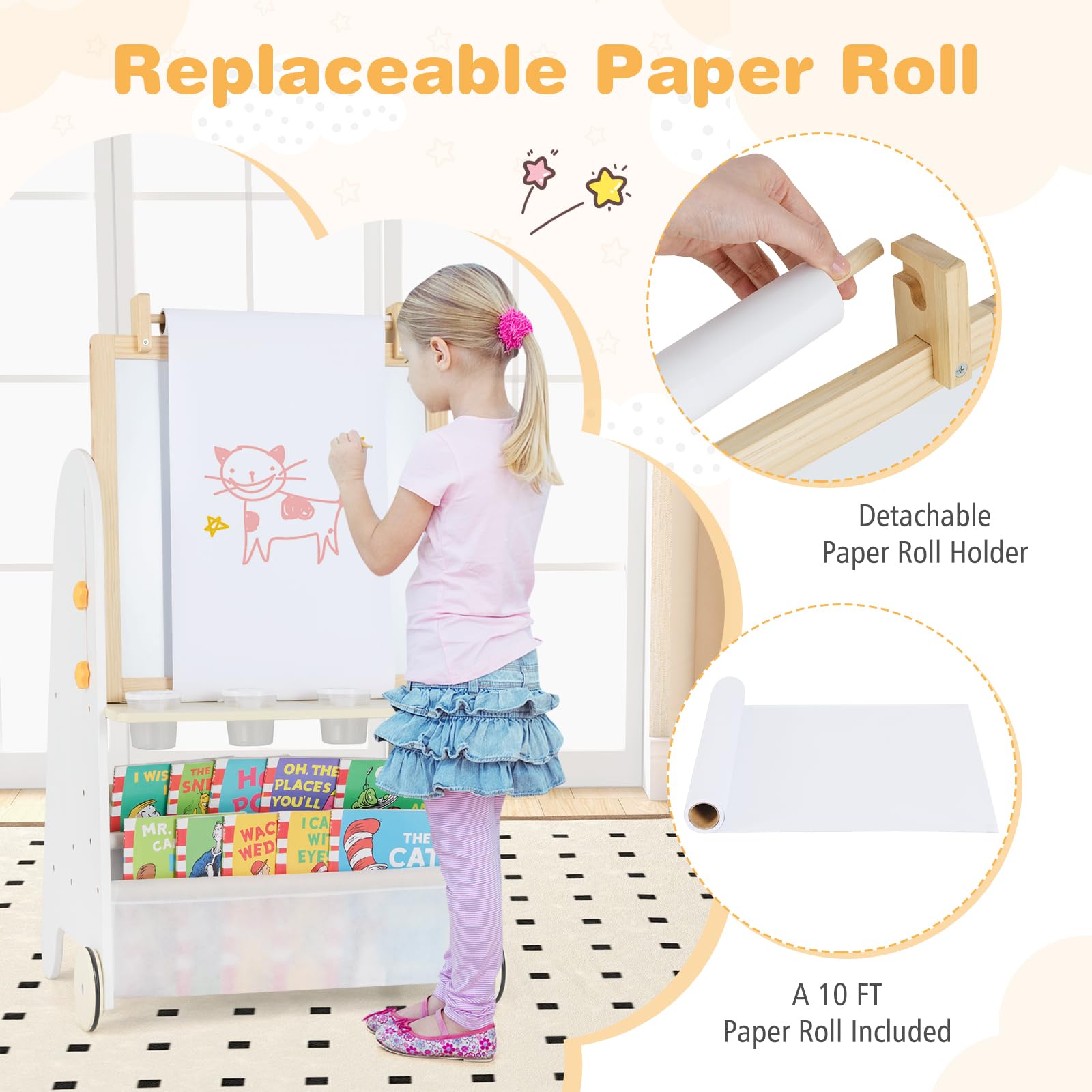 Costzon Easel for Kids, 4 in 1 Toddler Activity Table & Stool Set with Magnetic Whiteboard, Chalk Board, Paper Roll, Art Supplies, Large Desktop and Bookshelves, Kids Art Easel for Boys Girls (Beige)