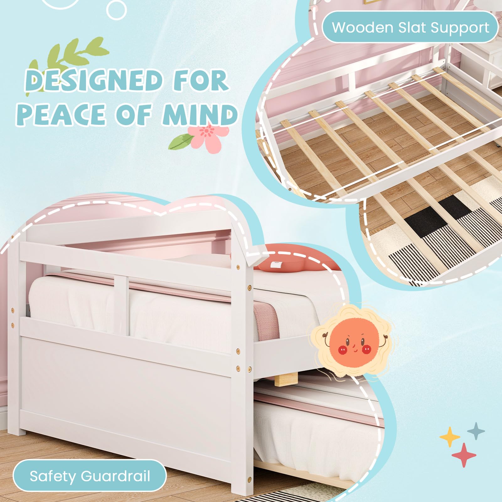 Twin House Bed with Trundle and Safety Guardrail