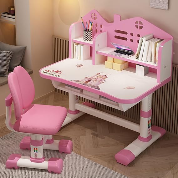 Kids Adjustable Study Desk & Chair Set w/Storage,Drawers,Bookshelf