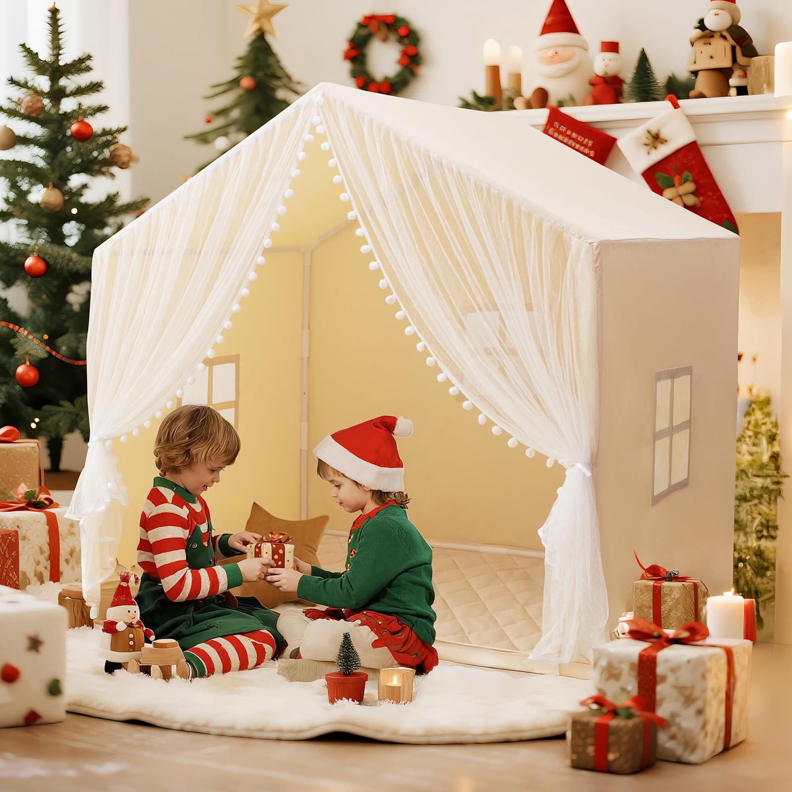 Large Kids Play Tent with Padded Mat and Star Lights