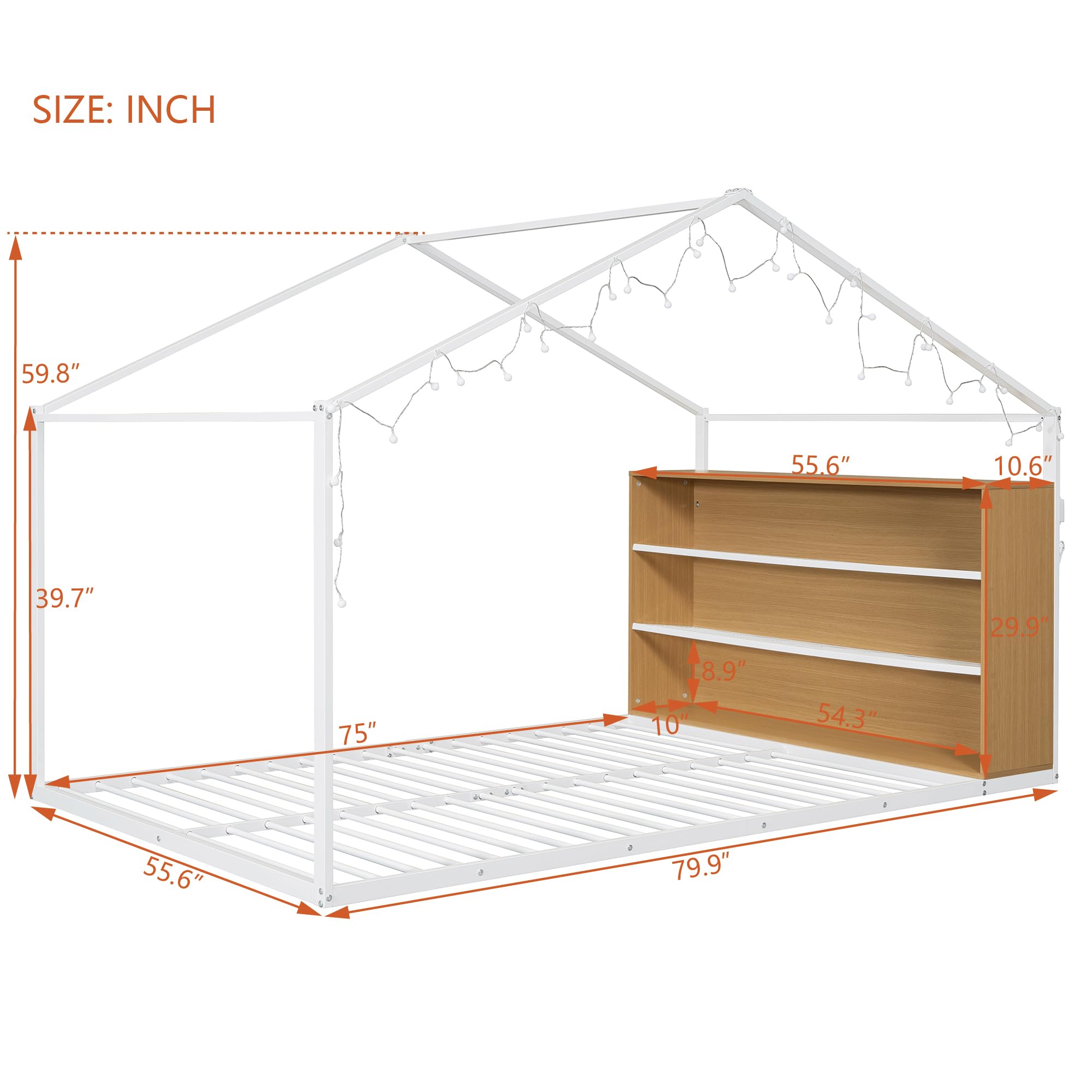 Montessori Floor Bed with Storage Shelf and LED Lights