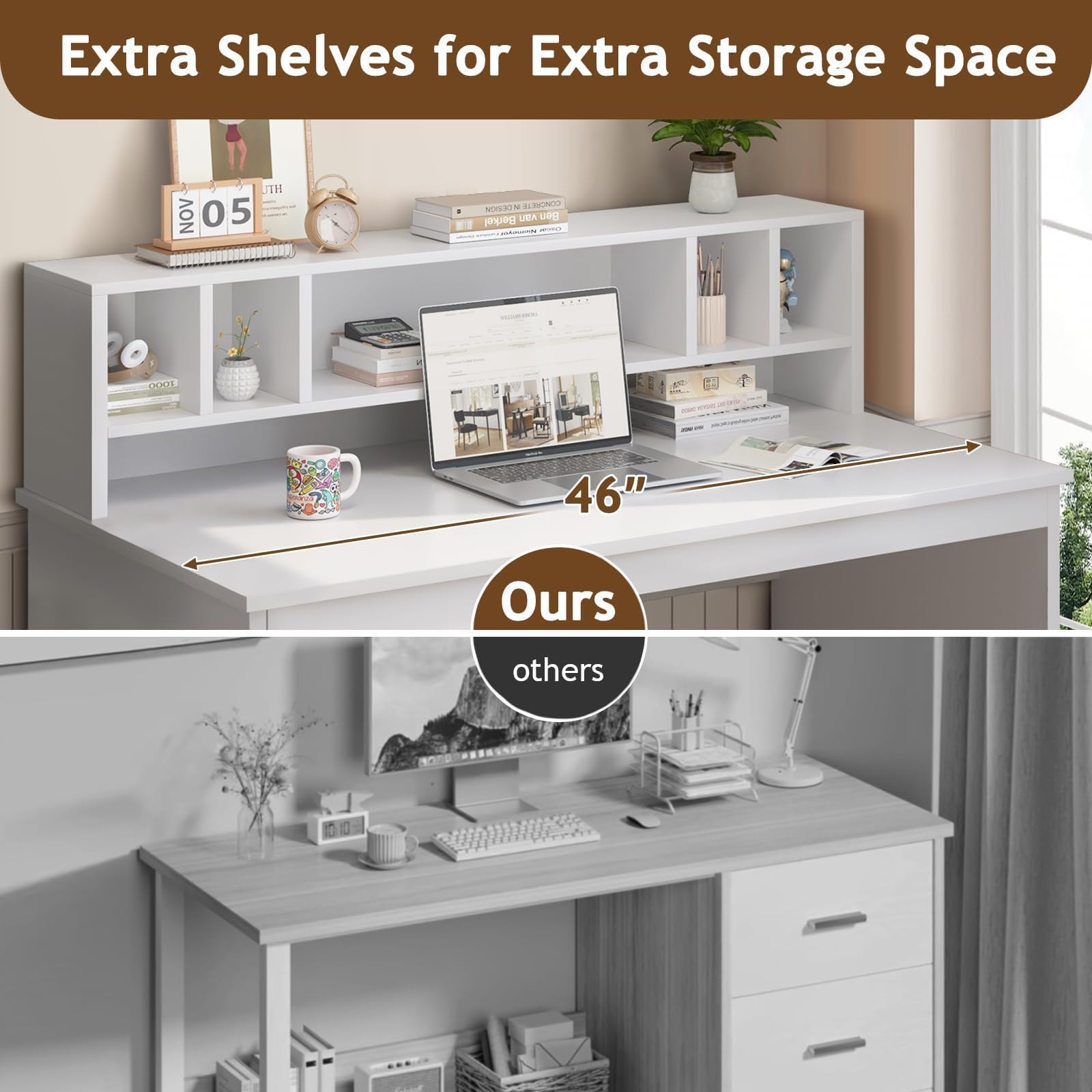 White Desk with Storage Drawers and Hutch for Bedroom