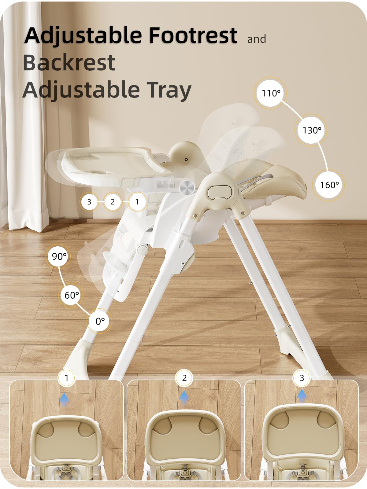 Foldable High Chair with Adjustable Height and Removable Tray