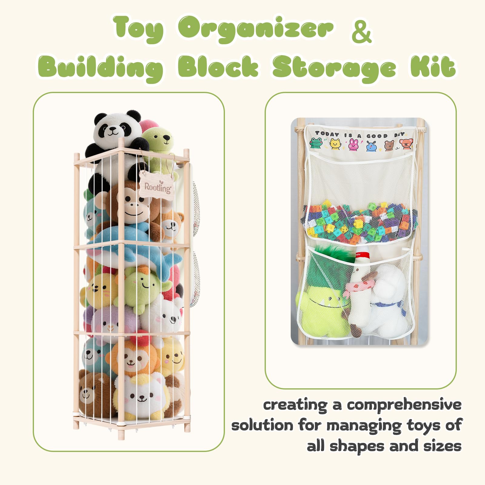 Wooden Stuffed Animal Storage Organizer with Building Block Bag