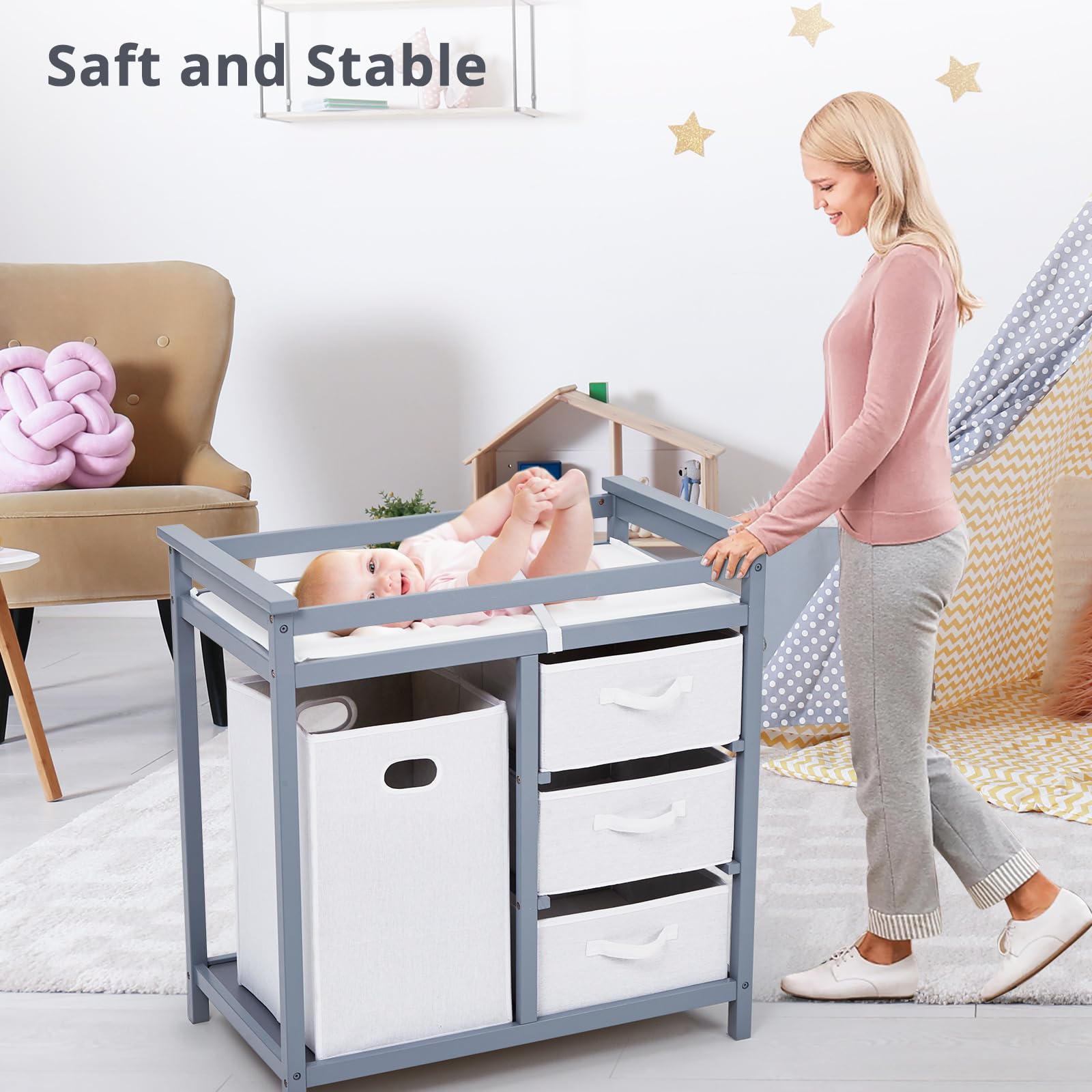 Baby Changing Table with Storage Baskets and Hamper