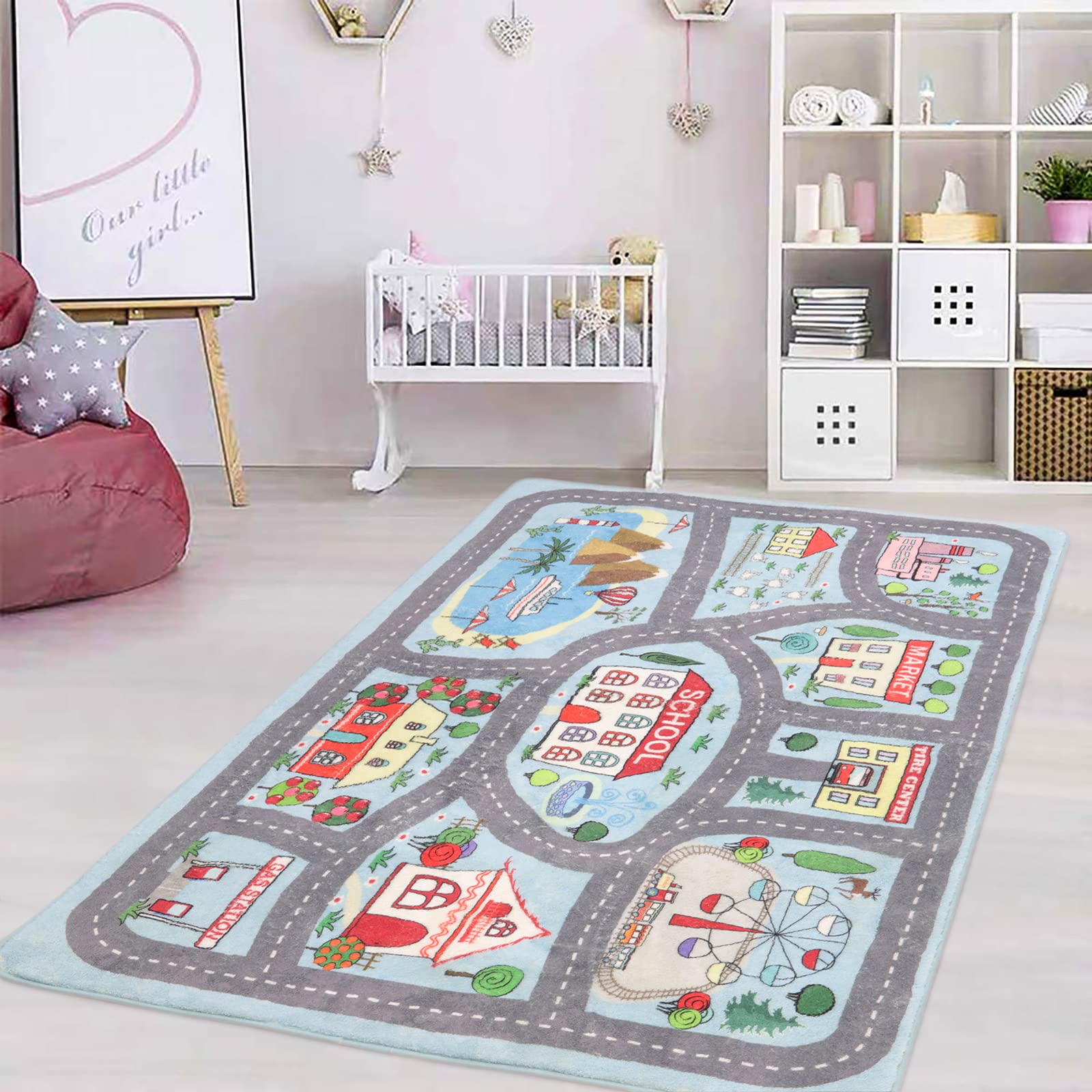 Extra Large Kids Playroom Rug Play Carpet 4’ x 6’, Blue Educational Children’s Play Mat