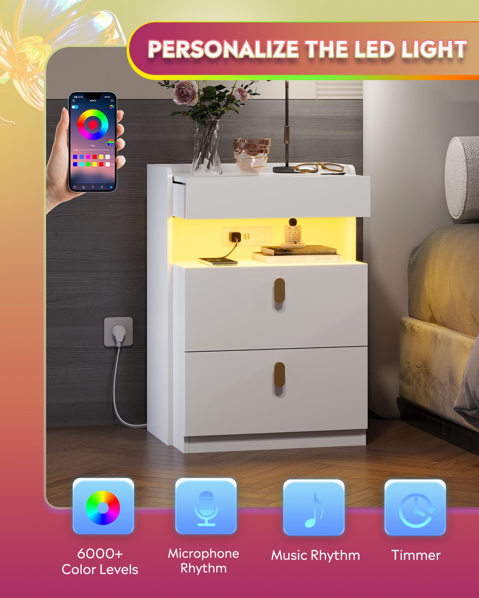 LED Nightstand with Charging Station and Drawers