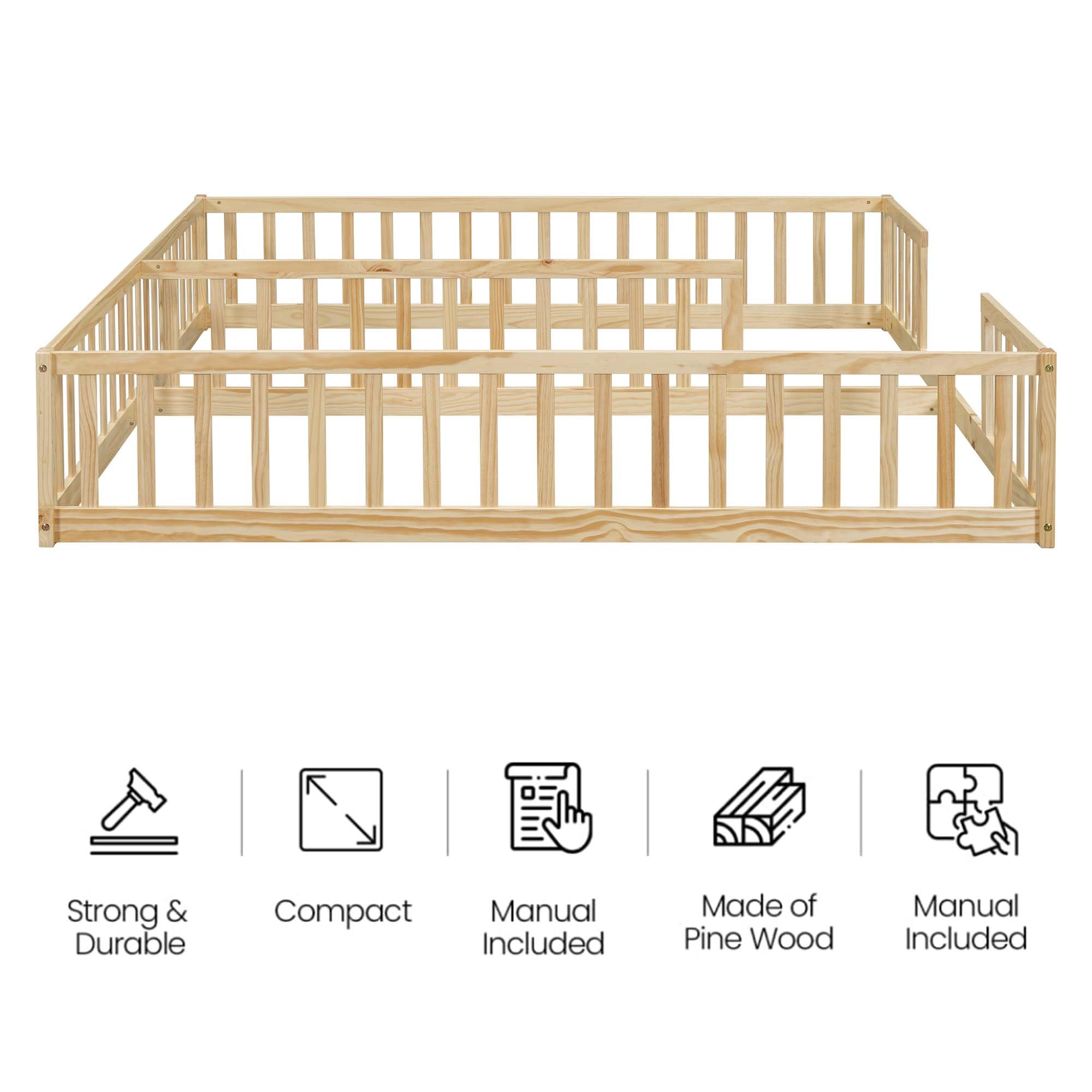 Montessori Floor Bed for 2 Kids with Fence Railings