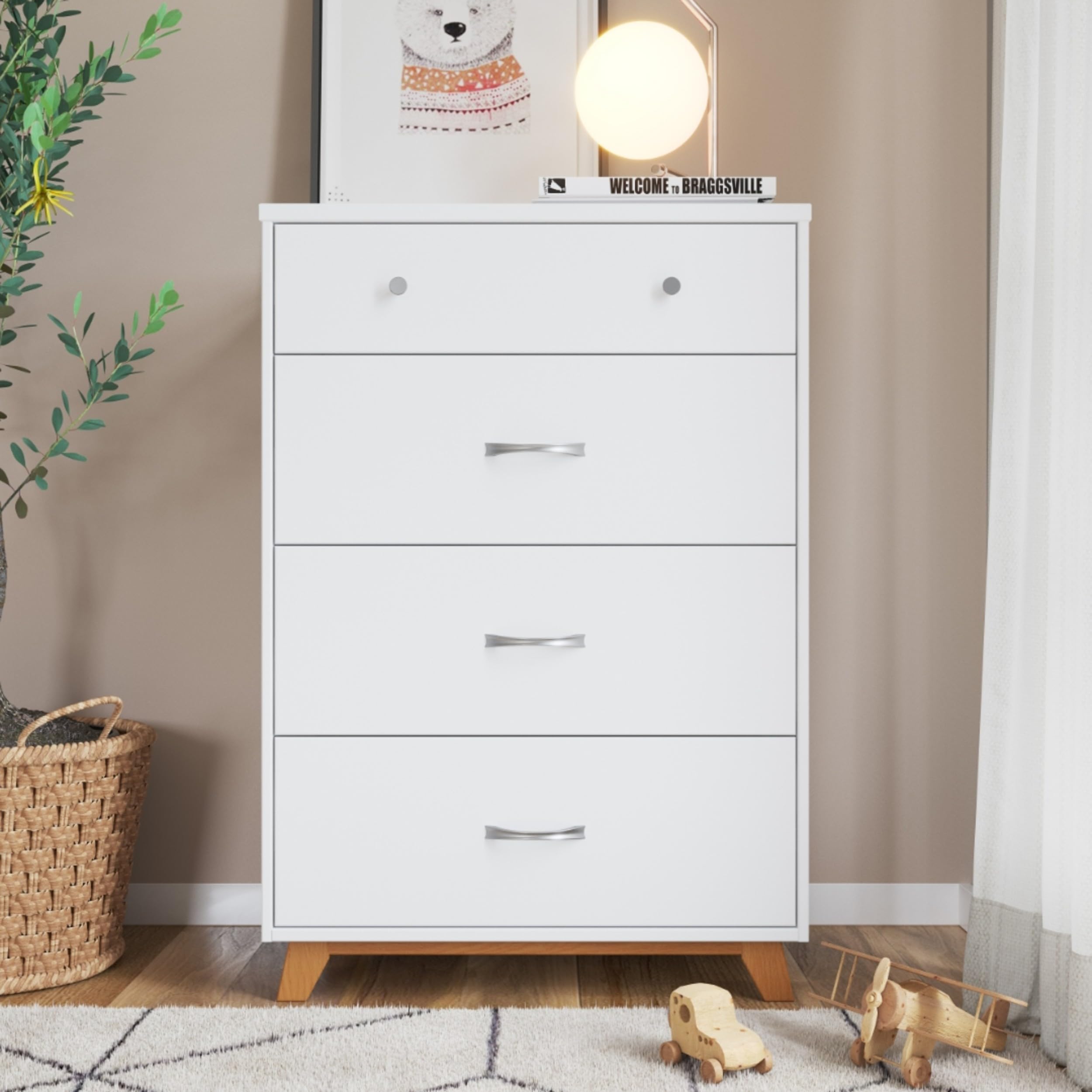 3-Drawer Dresser, Chest, Nightstand, 4-Piece Nursery Set (White/Natural)