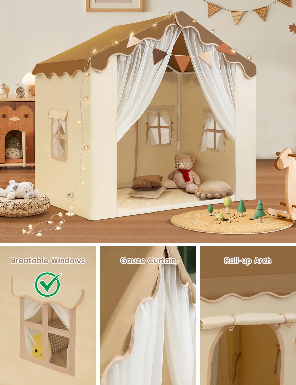 WIRHAO Kids Tent with Padded Mat Kids Playhouse Tent 2 in 1, Play Tent Large Space Indoor with 2 Doors and 4 Windows for Girls Boys with Stars Lights, Carry Bag, Banner Flag (Brown, 2 in 1)