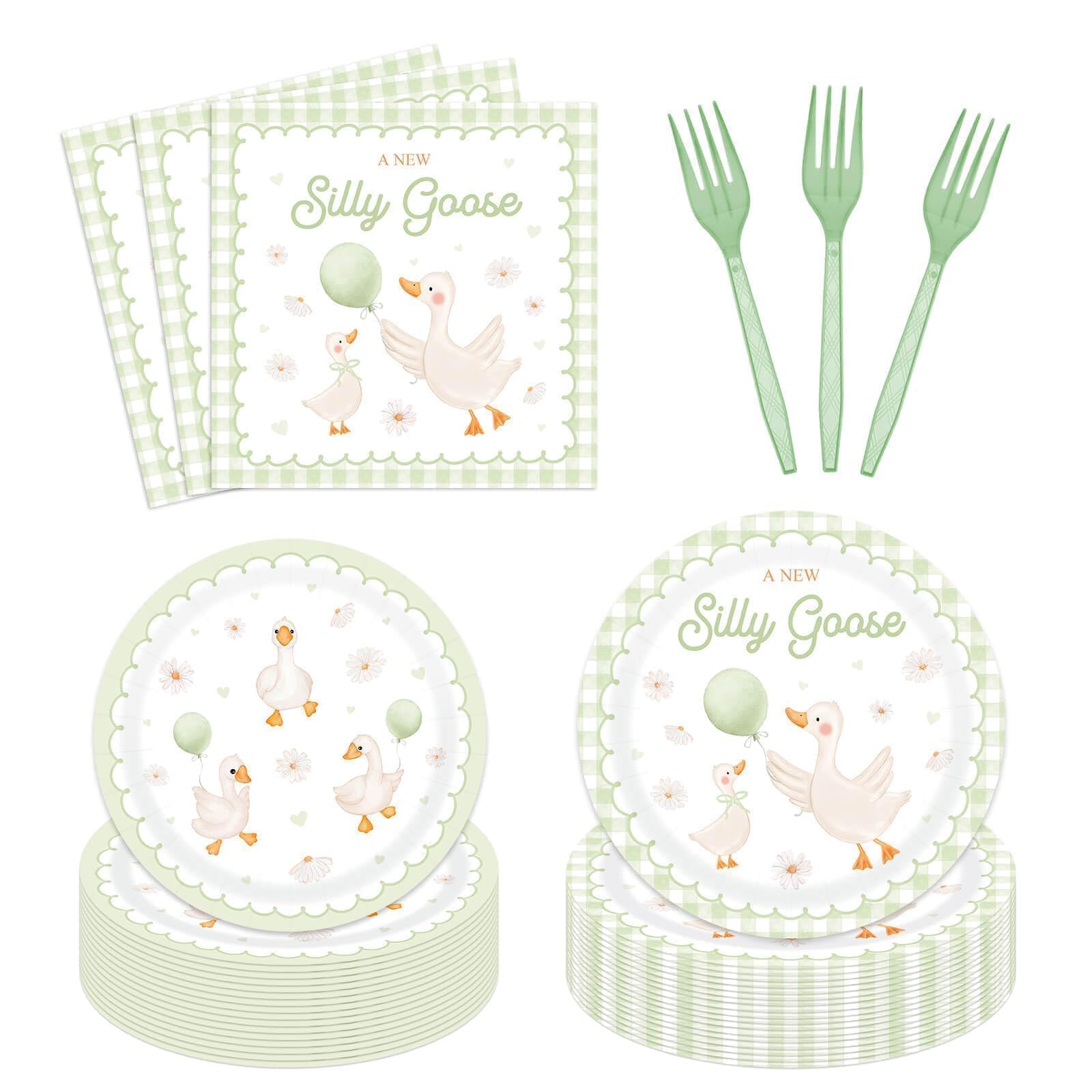 96pcs A New Silly Goose Baby Shower Tableware Kits Goose Theme Disposable Paper Plates and Napkins Set for 24 Guests Farm Animal Baby Shower Supplies for Girls Boys
