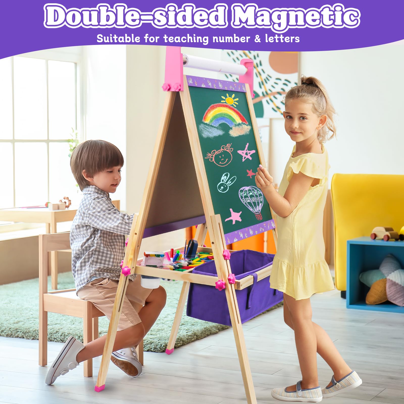 Art Easel for Kids 4-8,Kids Easel with Paper Roll and Art Supplies,Toddler Toys Ages for 5-7,Toddler Drawing Board Learning Eductional Toys for 4 5 6 7 8 Year Old Boy Girls Birthdays Gifts