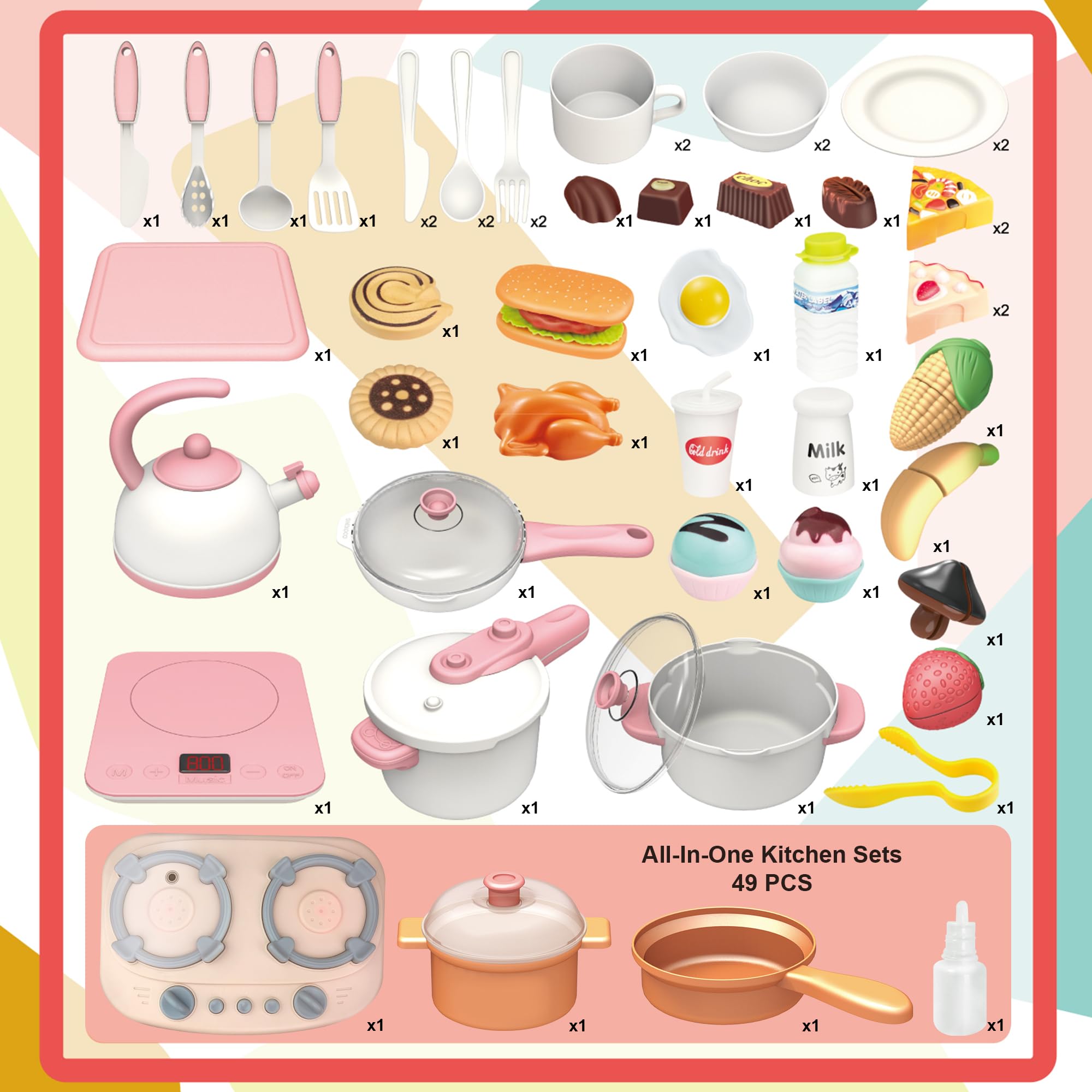 Elevon Pretend Play Kitchen Toy Set for Kids, Interactive Playset with Lights and Sounds, for Toddlers 3+ Years Old, 49 Piece Toy Accessory Set with Cooking Stove, Sink, Play Food, Realistic - Pink