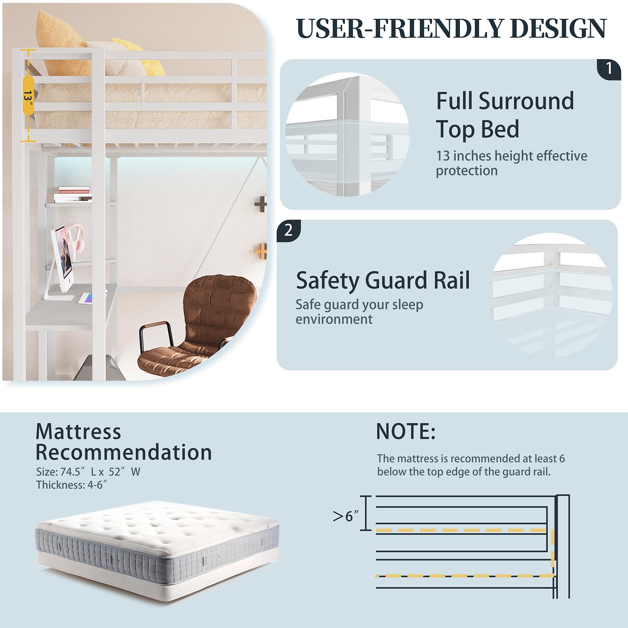 Full Size Loft Bed with Desk and Storage Shelves
