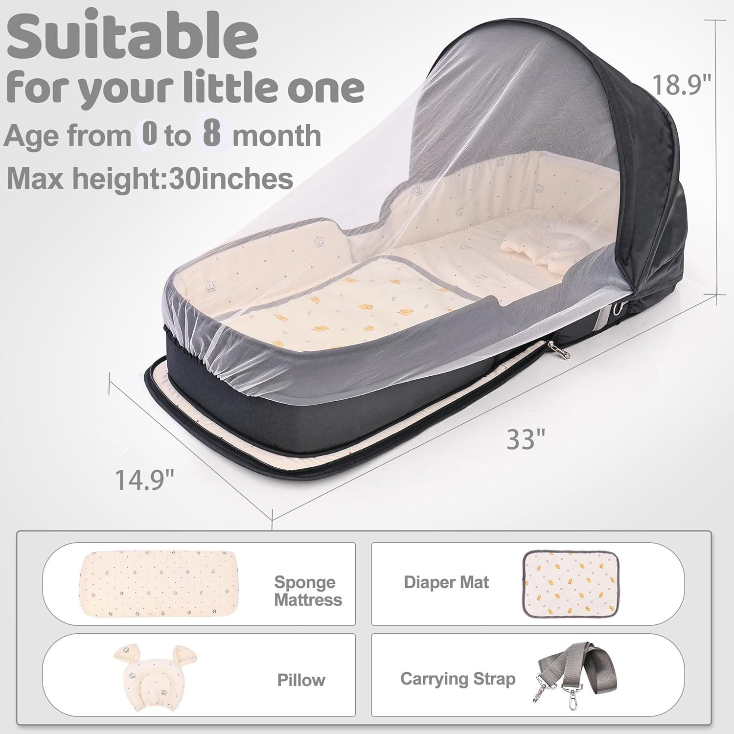 Portable Travel Bassinet for Baby with Mosquito Net