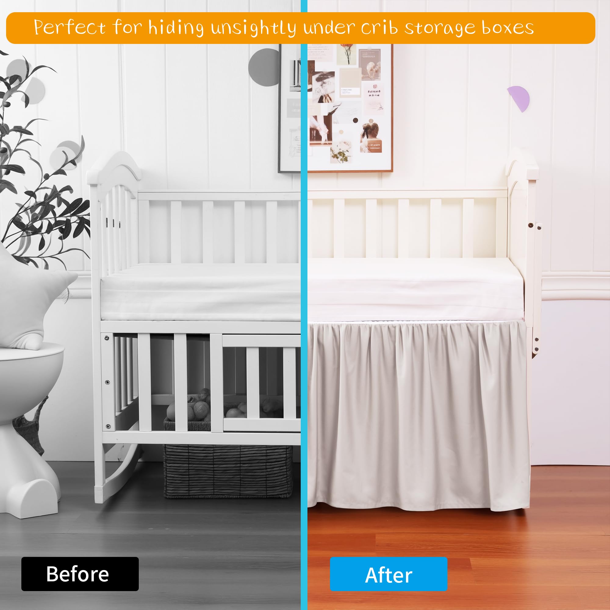 Crib Bed Skirt Dust Ruffle 100% Cotton - Natural, Soft, Breathable for Baby's Delicate Skin, Nursery Toddler Crib Bed Skirt for Baby Boys Girls, Fits Standard Cribs 28" x 52" with 14" Drop