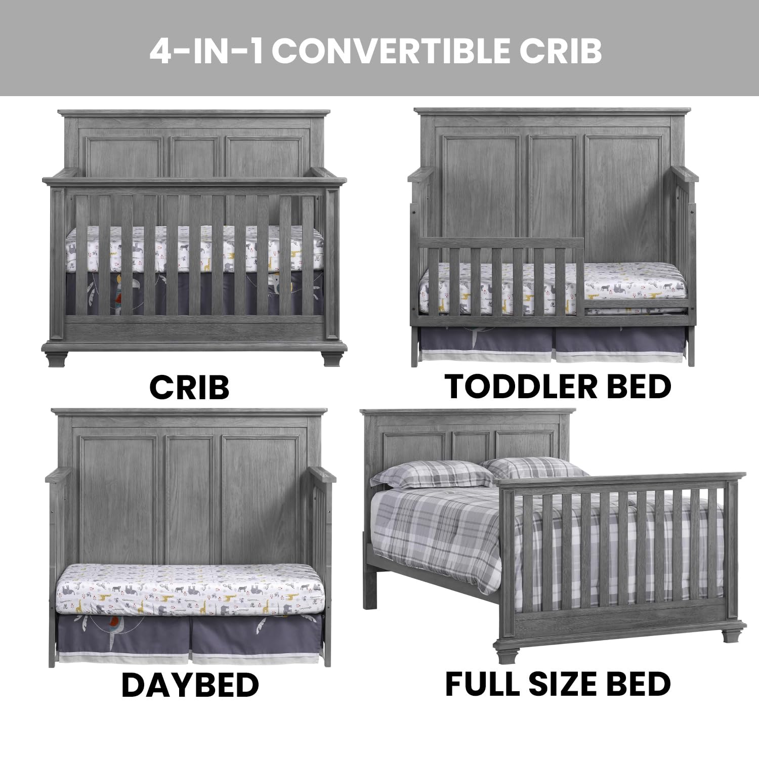 4-in-1 Convertible Baby Crib with Wainscoting Detail