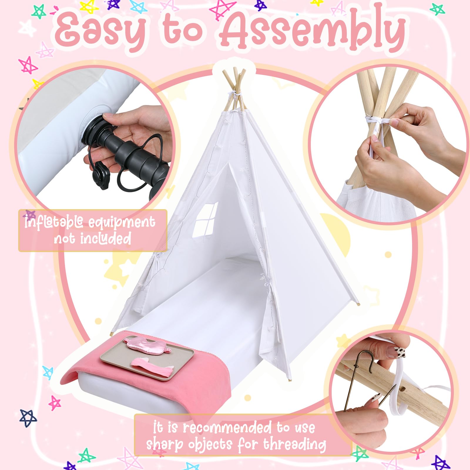 Kids Teepee Tent Set for Slumber Party with Air Mattress and Lights