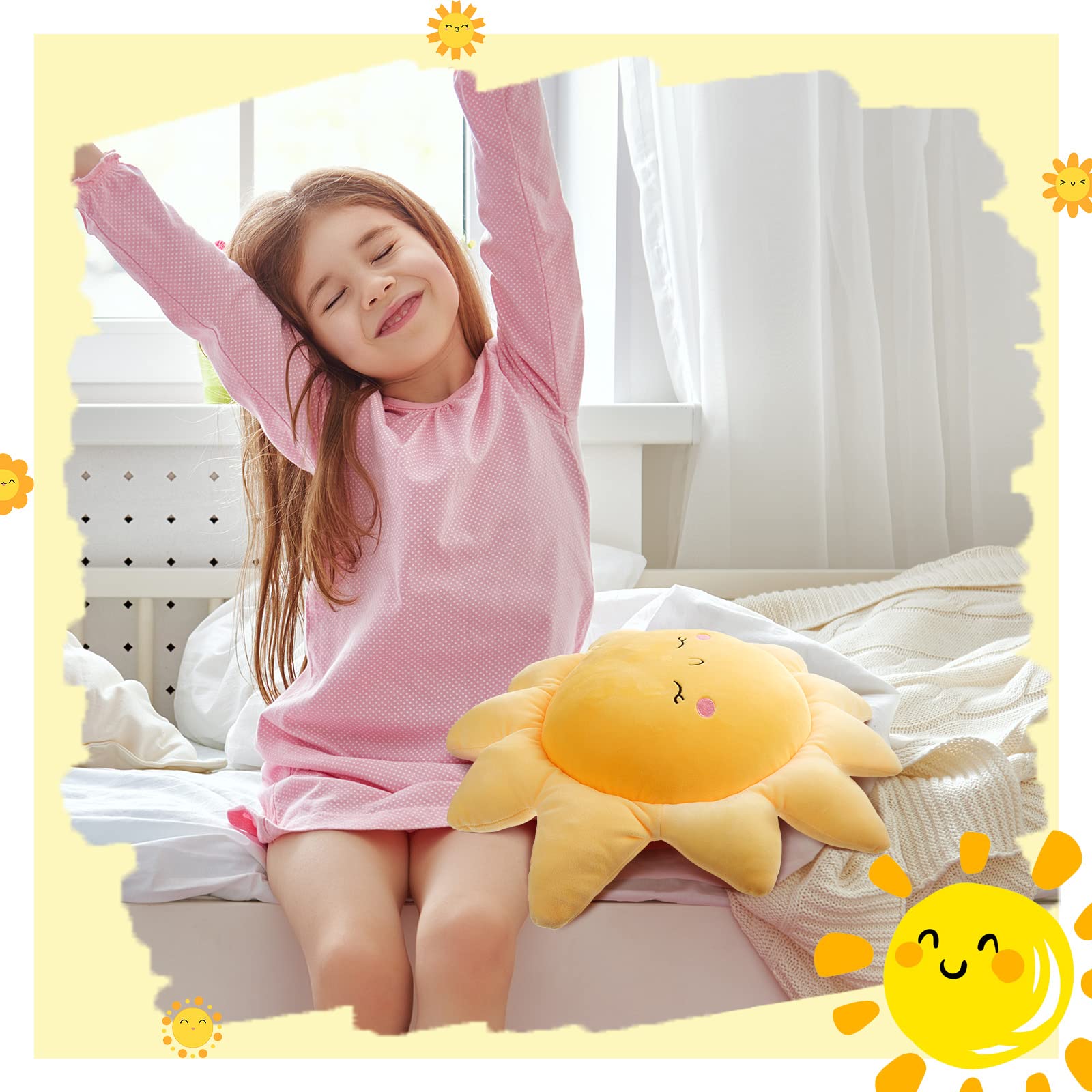 2 Pcs Plush Sofa Cushion Cute Stuffed Sun Shaped Floor Pillow Car Throw Pillow Soft Toy for Kids Women Girls Bedside Home Decoration 13.7 Inch, 23.6 Inch