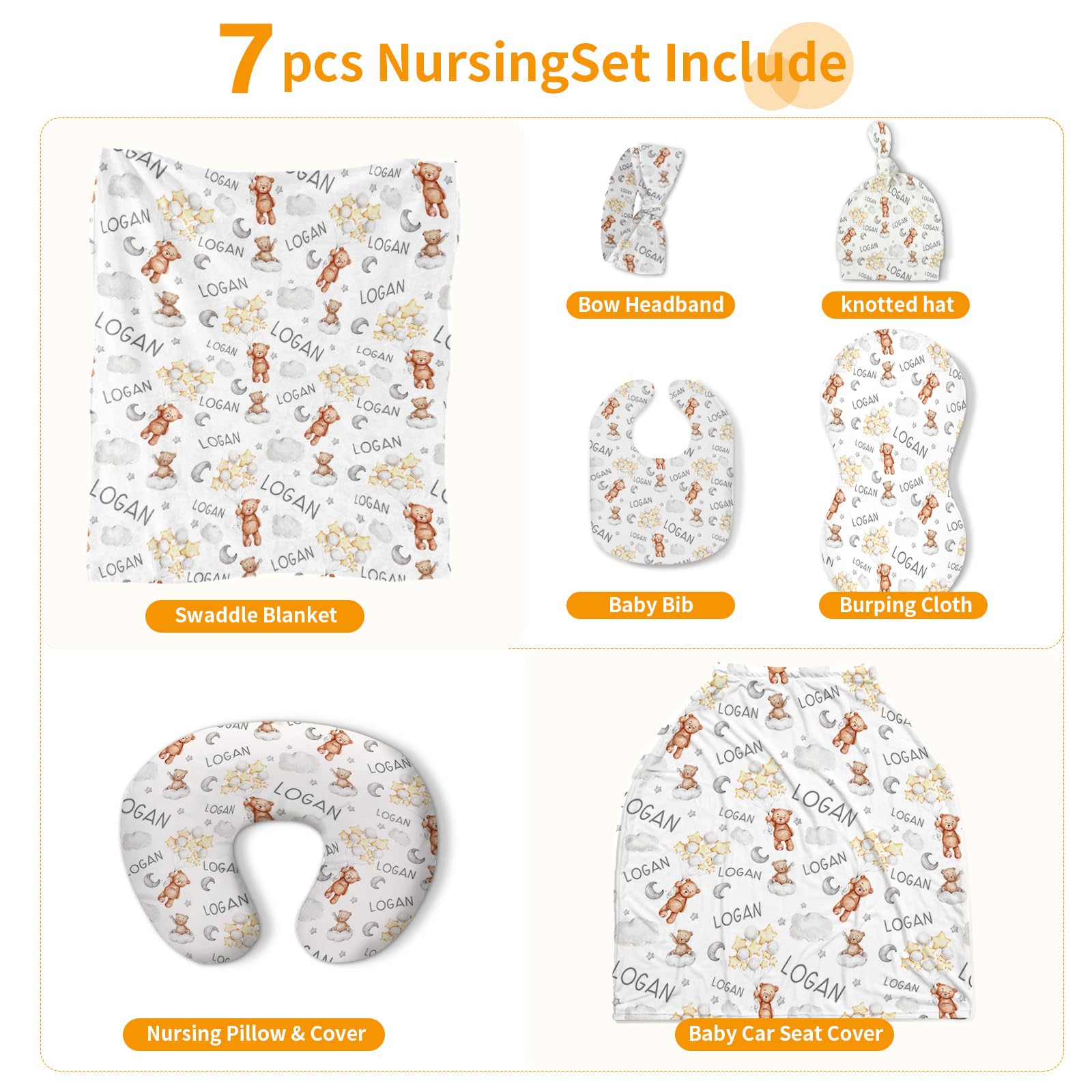 Custom Baby Nursing Swaddling Set with Personalized Name Blanket and Accessories