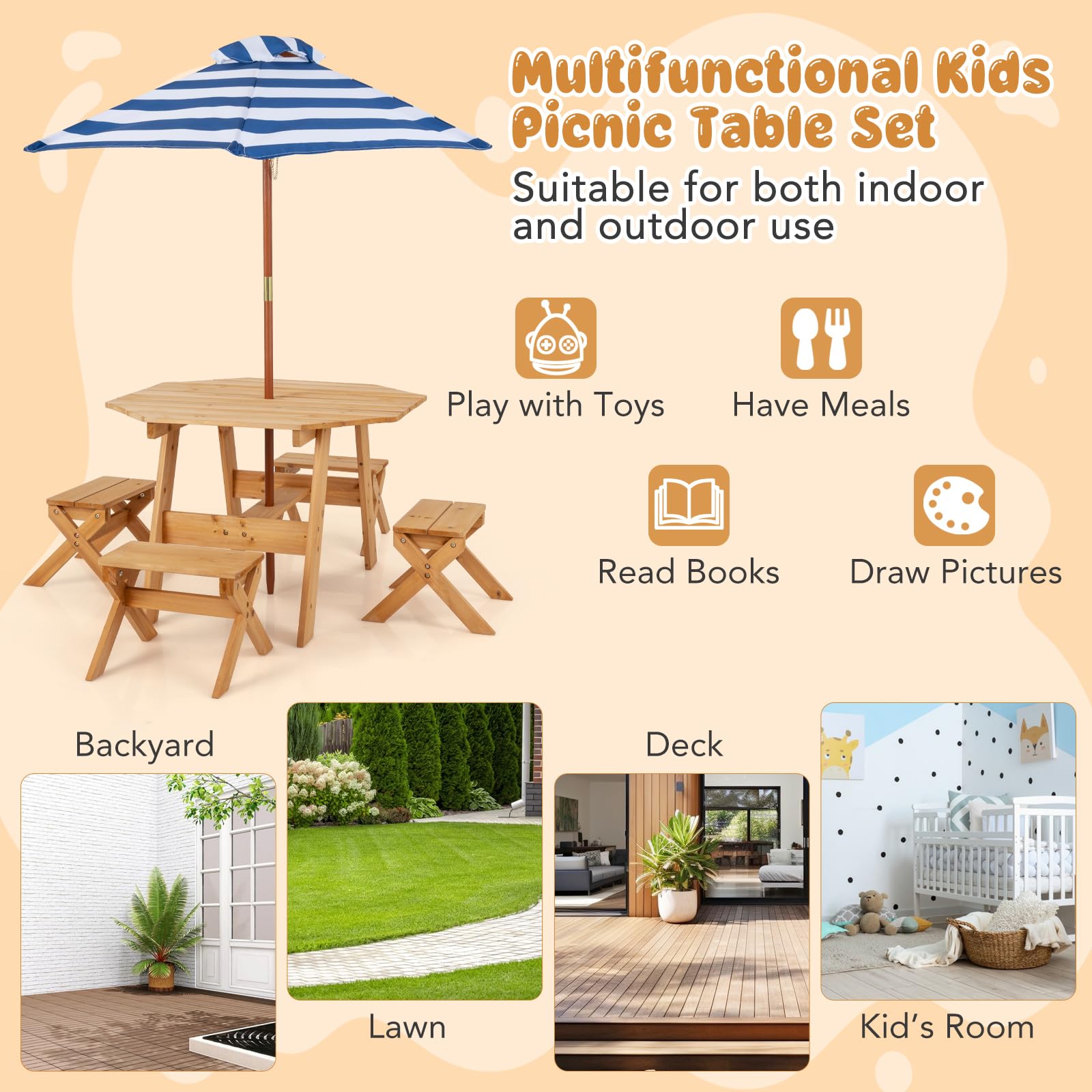 Kids Outdoor Picnic Table Set with Umbrella and 4 Stools