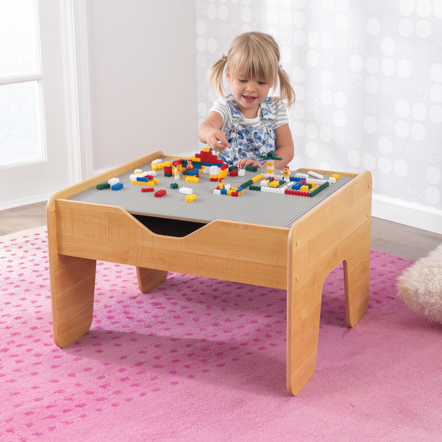 Reversible Wooden Activity Table with Board with 195 Building Bricks – Gray & Natural