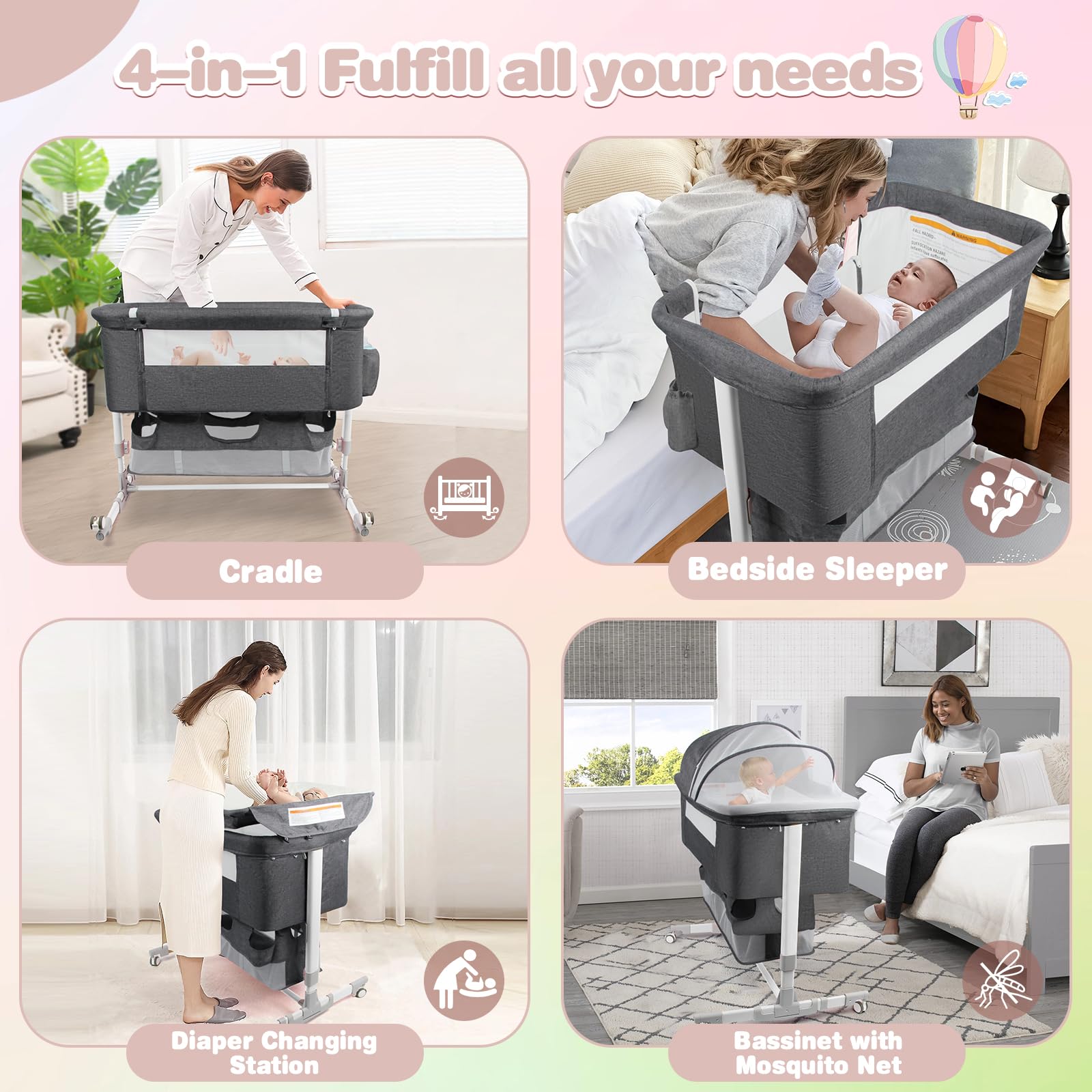 4-in-1 Convertible Bedside Bassinet with Mosquito Net